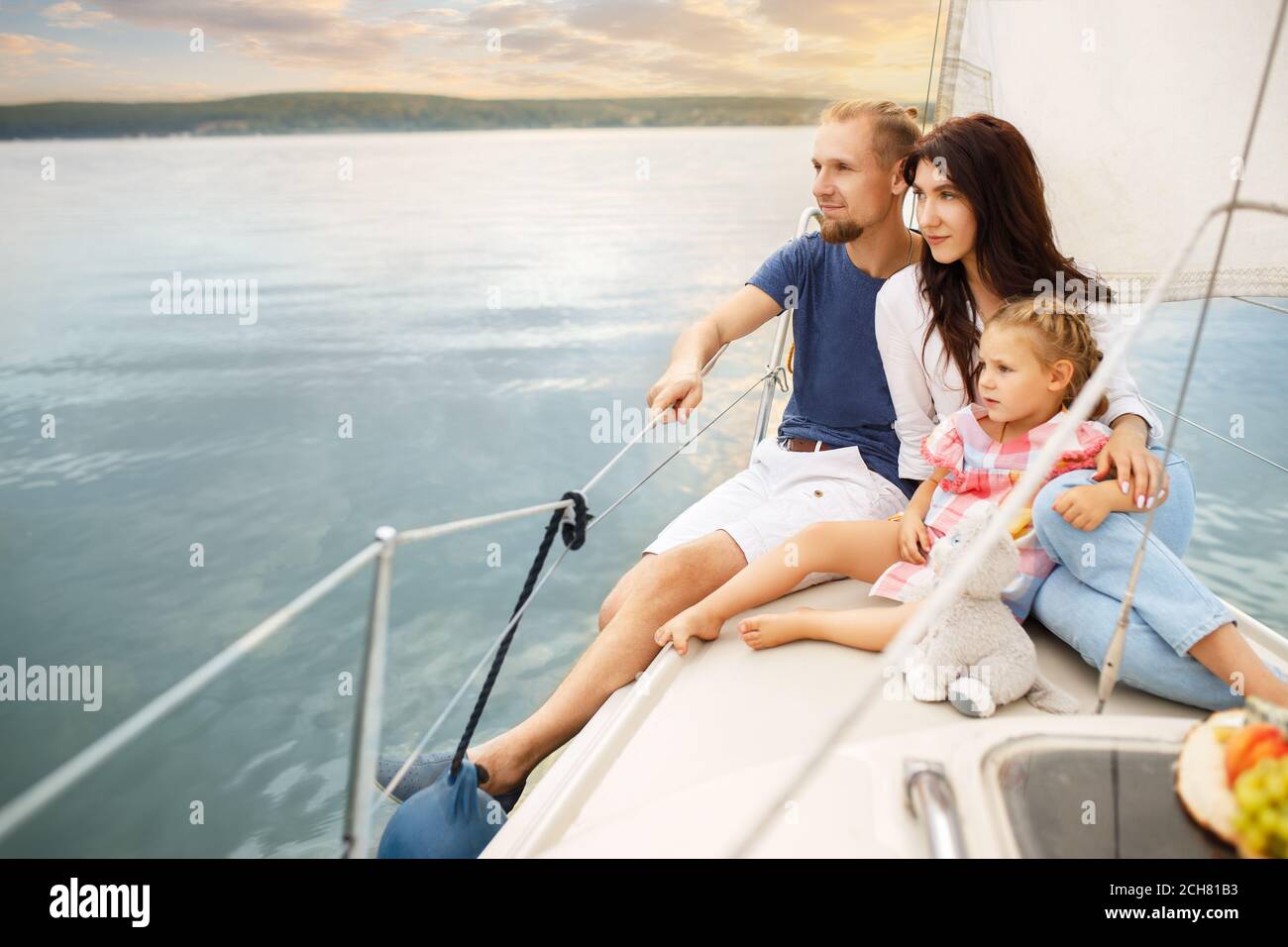 happy family sailing on boat Stock Photo Alamy