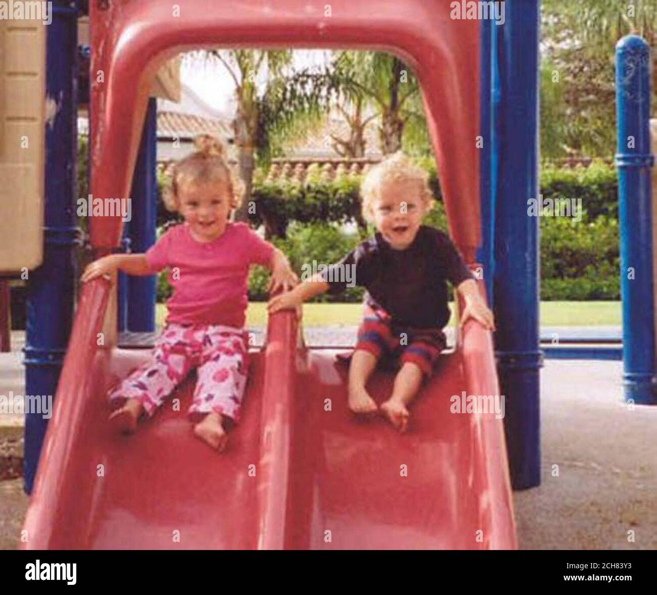 Two-year old twins Betsy and William Woodbridge. A coroner is due to hear Tuesday December 21, 2004 how a millionaire's twin grandchildren met their deaths in a freak accident involving a chest of drawers. Two-year-olds William and Betsy Woodbridge, grandchildren of waste tycoon Norman Grundon, were killed when the drawers fell on them in their bedroom in Winkfield, Berkshire. Stock Photo