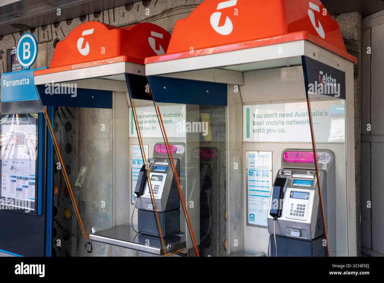Telstra public payphone in Parramatta western Sydney, NSW,Australia Stock Photo
