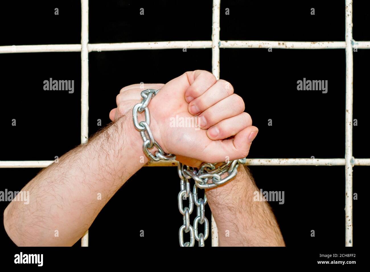 Quarantine Pandemic Restriction Concept Chained Hands Behind Iron Bars Stock Photo
