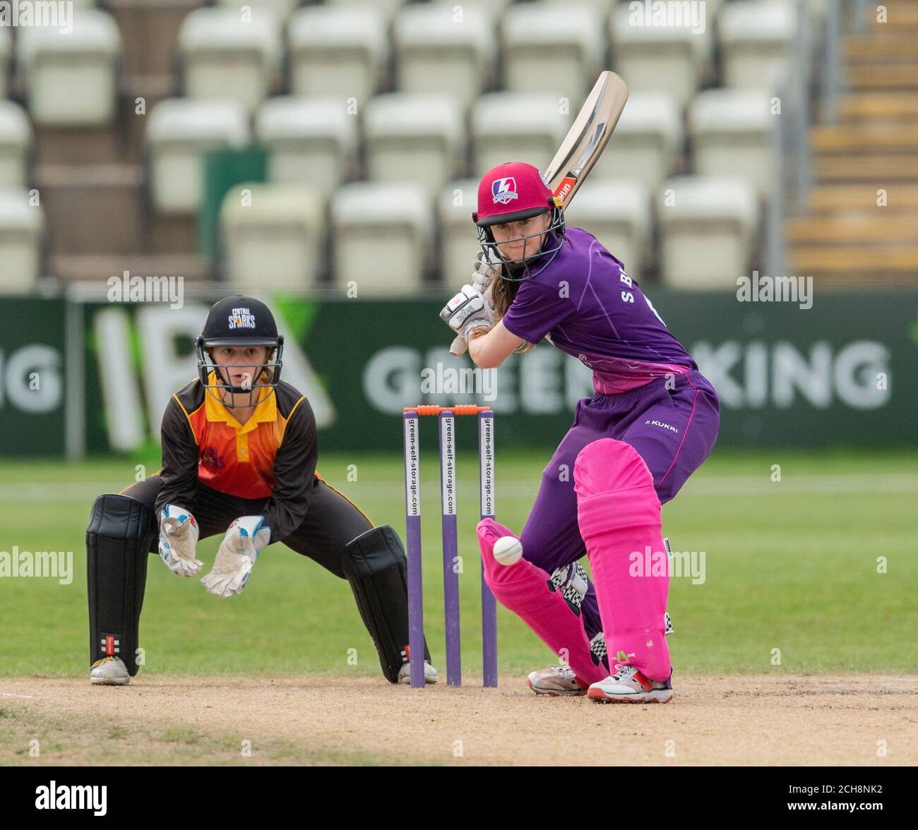 Sarah Bryce batting for Lightning watched by Central Sparks' keeper Gwen Davies in a Rachael Heyhoe Flint Trophy match 11 September 2020 Stock Photo