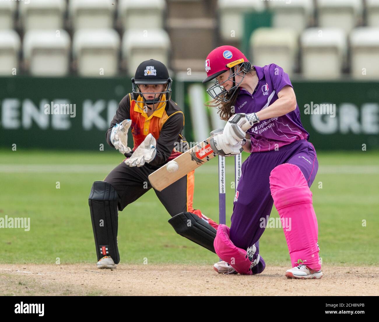 Lightning's Sarah Bryce batting watched by Central Sparks' keeper Gwen Davies in a Rachael Heyhoe Flint Trophy match 11 September 2020 Stock Photo