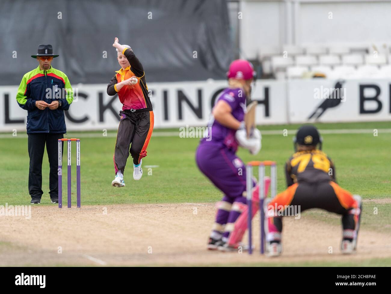 Clare Boycott bowling for Central Sparks against Lightning in a Rachael Heyhoe Flint Trophy match 11 September 2020 Stock Photo