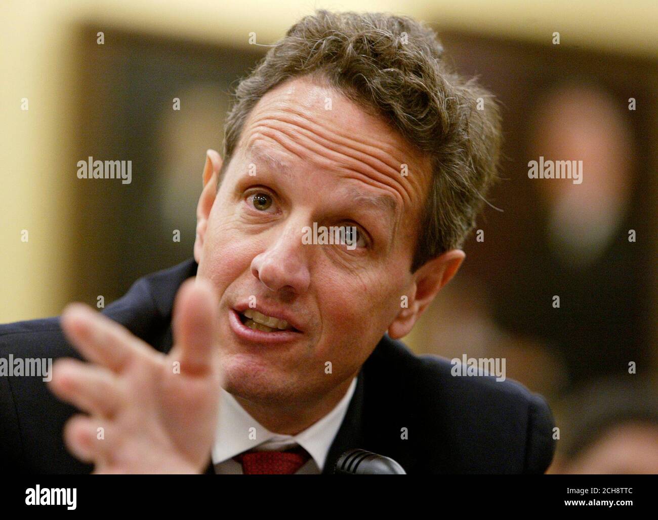 U.S. Treasury Secretary Timothy Geithner testifies about the Obama administration's budget proposals and goals for economic recovery and reform before the House Appropriations Subcommittee on General Government and Financial Services on Capitol Hill in Washington, May 21, 2009. Geithner said that a bailout for banks was steadying the financial system but care must be taken to ensure that normal market forces are allowed to operate.  REUTERS/Jim Bourg   (UNITED STATES POLITICS BUSINESS) Stock Photo