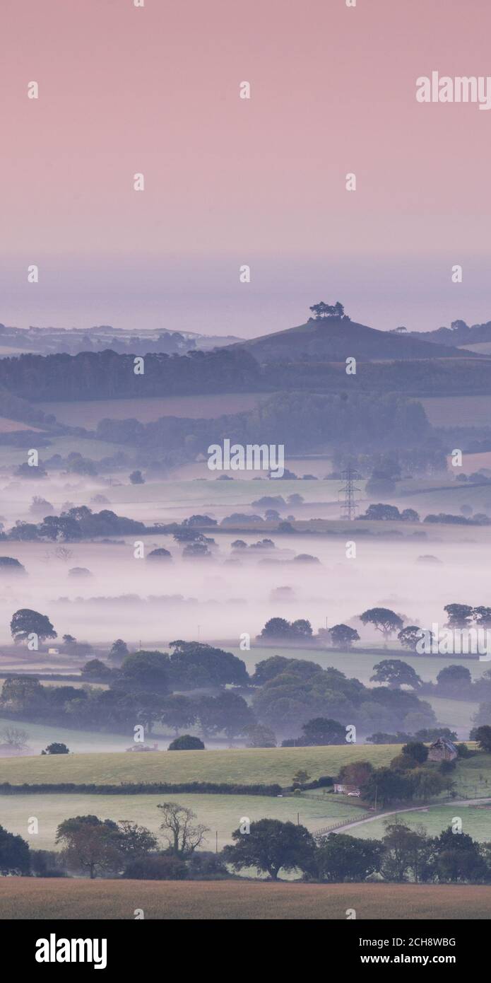 Marshwood Vale, Bridport, Dorset, UK. 14th Sep, 2020. UK Weather: Early morning mist rises from the beautiful rural landscape of the Marshwood Vale giving an autumnal start to what is set to be a glorious sunny day as the September heatwave continues. The iconic Colmer's Hill is seen in the distance. Credit: Celia McMahon/Alamy Live News Stock Photo