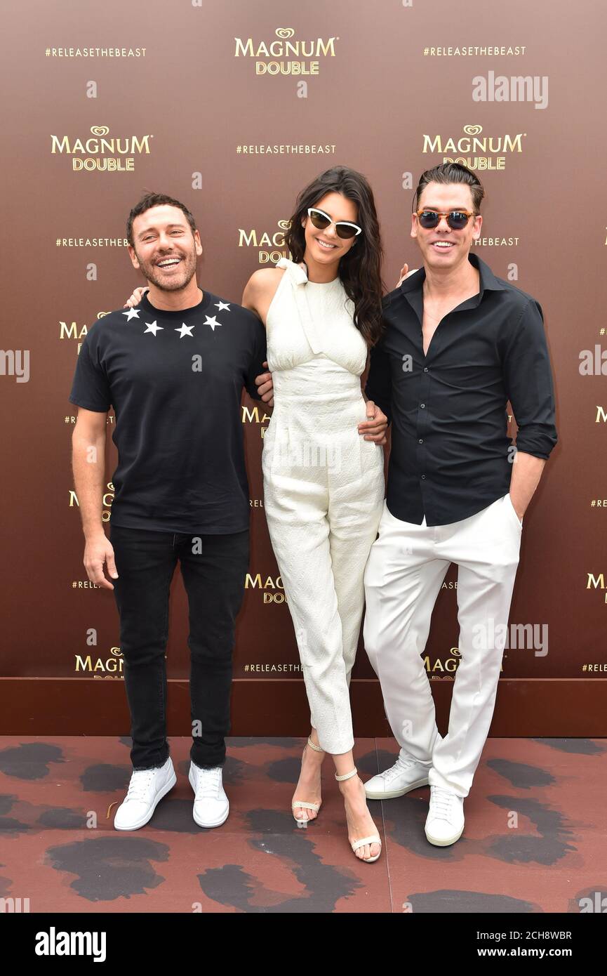EU, TURKEY, AUSTRALIA, NEW ZEALAND, SINGAPORE ONLY Kendall Jenner, Mert Alas and Marcus Piggott appear in Cannes to unveil the Magnum Release the Beast photo series to celebrate the launch of Magnum Double ice cream. Stock Photo
