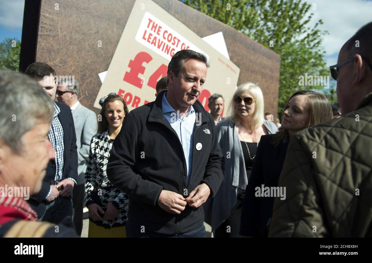 Prime Minister David Cameron with supporters at a Remain campaign event in his Witney constituency in Oxfordshire, where he warned that a vote to leave the European Union could tip the British economy back into recession. Stock Photo