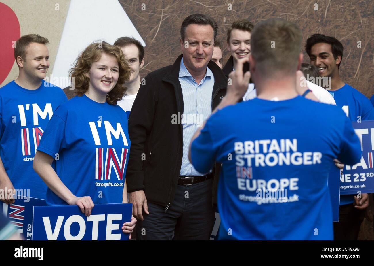Prime Minister David Cameron poses for a picture with supporters at a Remain campaign event in his Witney constituency in Oxfordshire, where he warned that a vote to leave the European Union could tip the British economy back into recession. Stock Photo