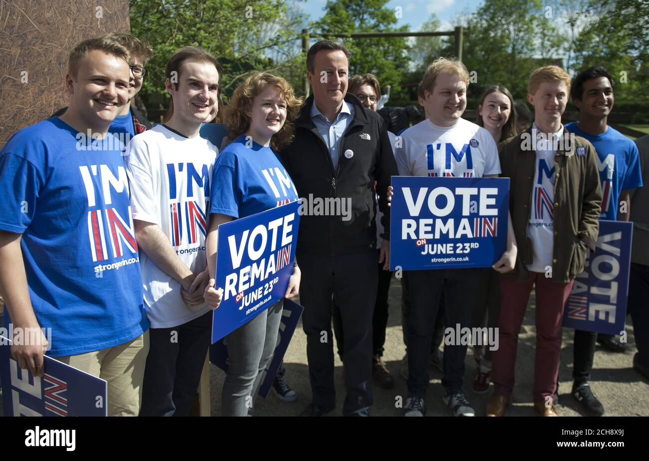 Prime Minister David Cameron with supporters at a Remain campaign event in his Witney constituency in Oxfordshire, where he warned that a vote to leave the European Union could tip the British economy back into recession. Stock Photo