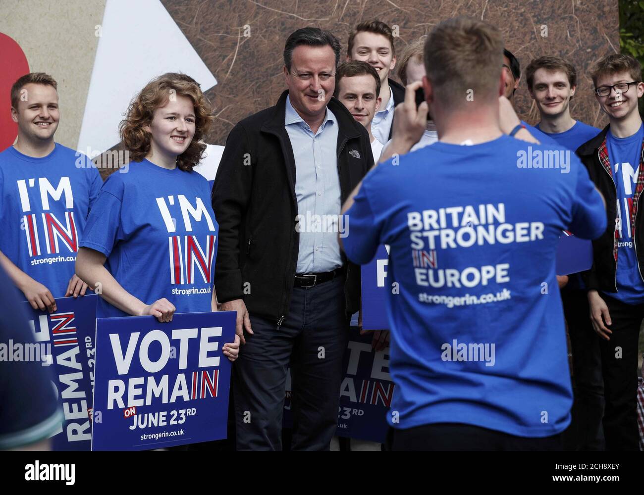 Prime Minister David Cameron poses for photos with supporters at a Remain campaign event in his Witney constituency in Oxfordshire, where he warned that a vote to leave the European Union could tip the British economy back into recession. Stock Photo