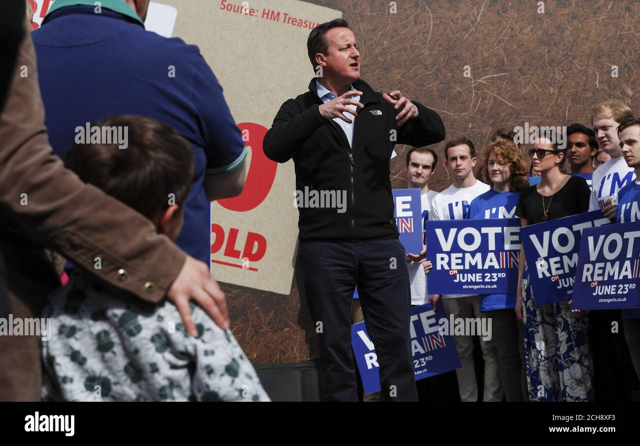 Prime Minister David Cameron delivers a speech at a Remain campaign event in his Witney constituency in Oxfordshire, where he warned that a vote to leave the European Union could tip the British economy back into recession. Stock Photo