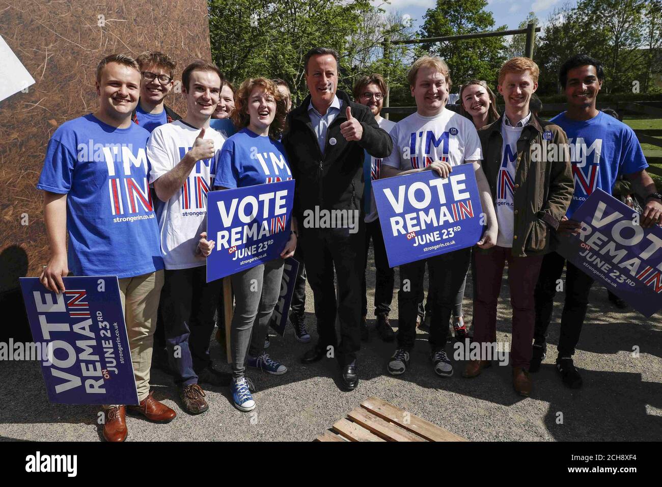 Prime Minister David Cameron poses for photos with supporters at a Remain campaign event in his Witney constituency in Oxfordshire, where he warned that a vote to leave the European Union could tip the British economy back into recession. Stock Photo