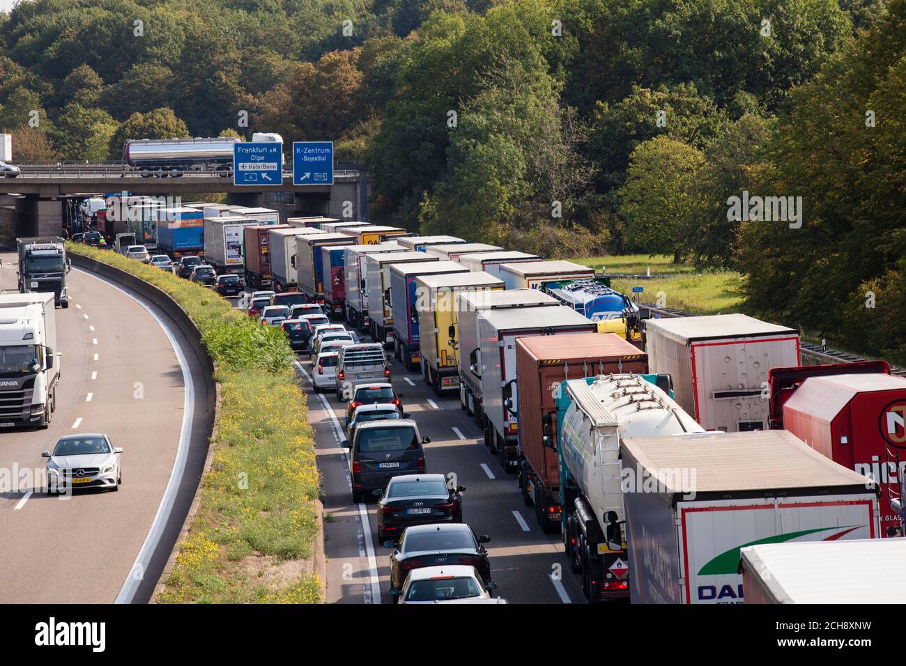 traffic jam on the A4 freeway in the south of Cologne, direction ...