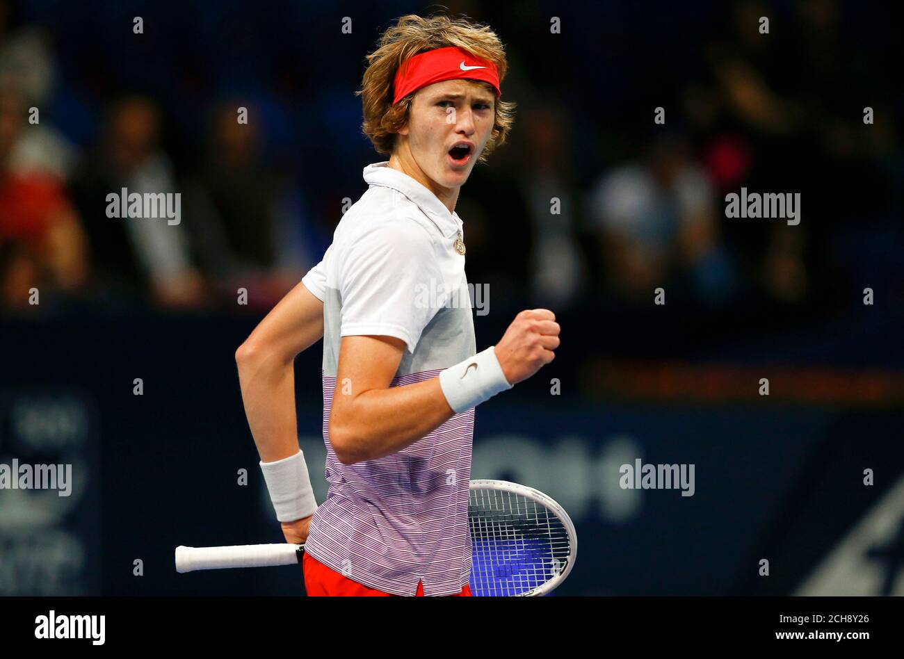 Alexander Zverev of Germany reacts during his match against Bulgaria's  Grigor Dimitrov at the Swiss Indoors ATP tennis tournament in Basel October  22, 2014. REUTERS/Arnd Wiegmann (SWITZERLAND - Tags: SPORT TENNIS Stock