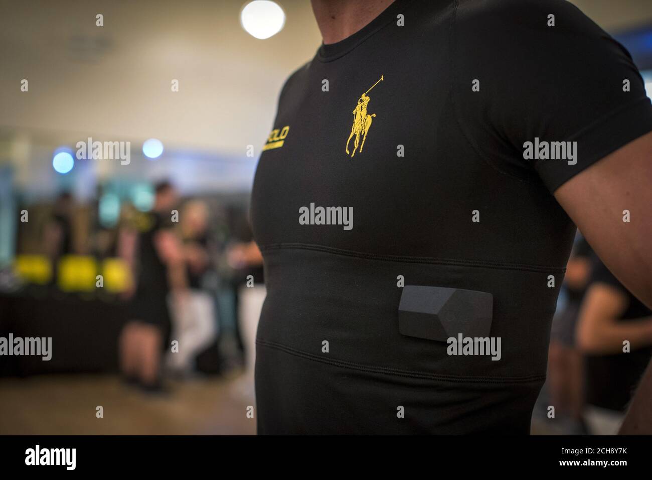 A model wears a Ralph Lauren's PoloTech shirt embedded with sensors that  read real-time biometric data during a presentation in New York, August 20,  2015. The PoloTech shirt will measure heart rate