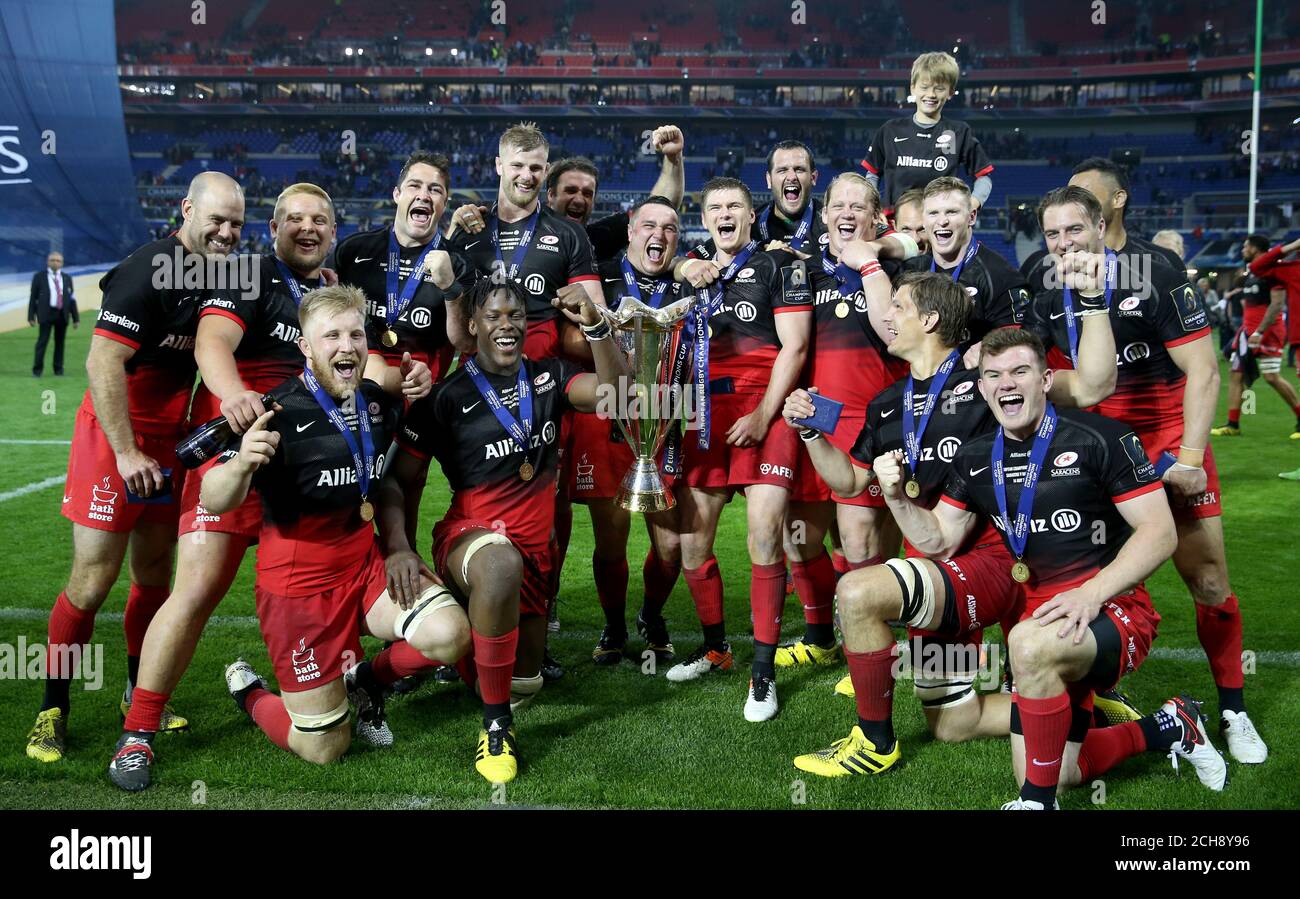 Saracens players celebrate winning the European Champions Cup during the  European Rugby Champions Cup Final at the Parc Olympique Lyonnais, Lyon.  PRESS ASSOCIAION Photo. Picture date: Saturday May 14, 2016. See PA