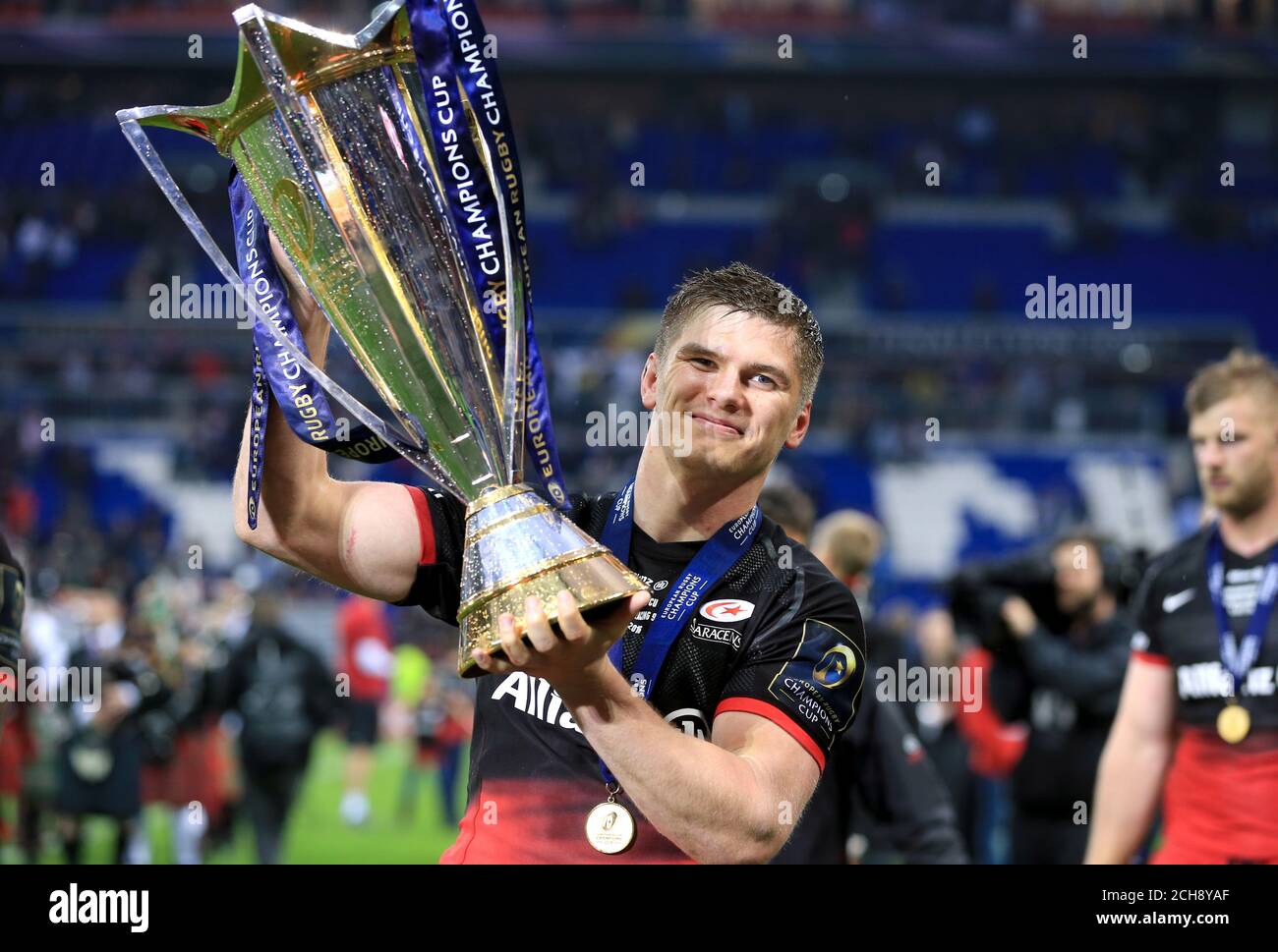 Saracens' Owen Farrell celebrates winning the European Champions Cup trophy  during the European Rugby Champions Cup Final at the Parc Olympique  Lyonnais, Lyon. PRESS ASSOCIAION Photo. Picture date: Saturday May 14, 2016.