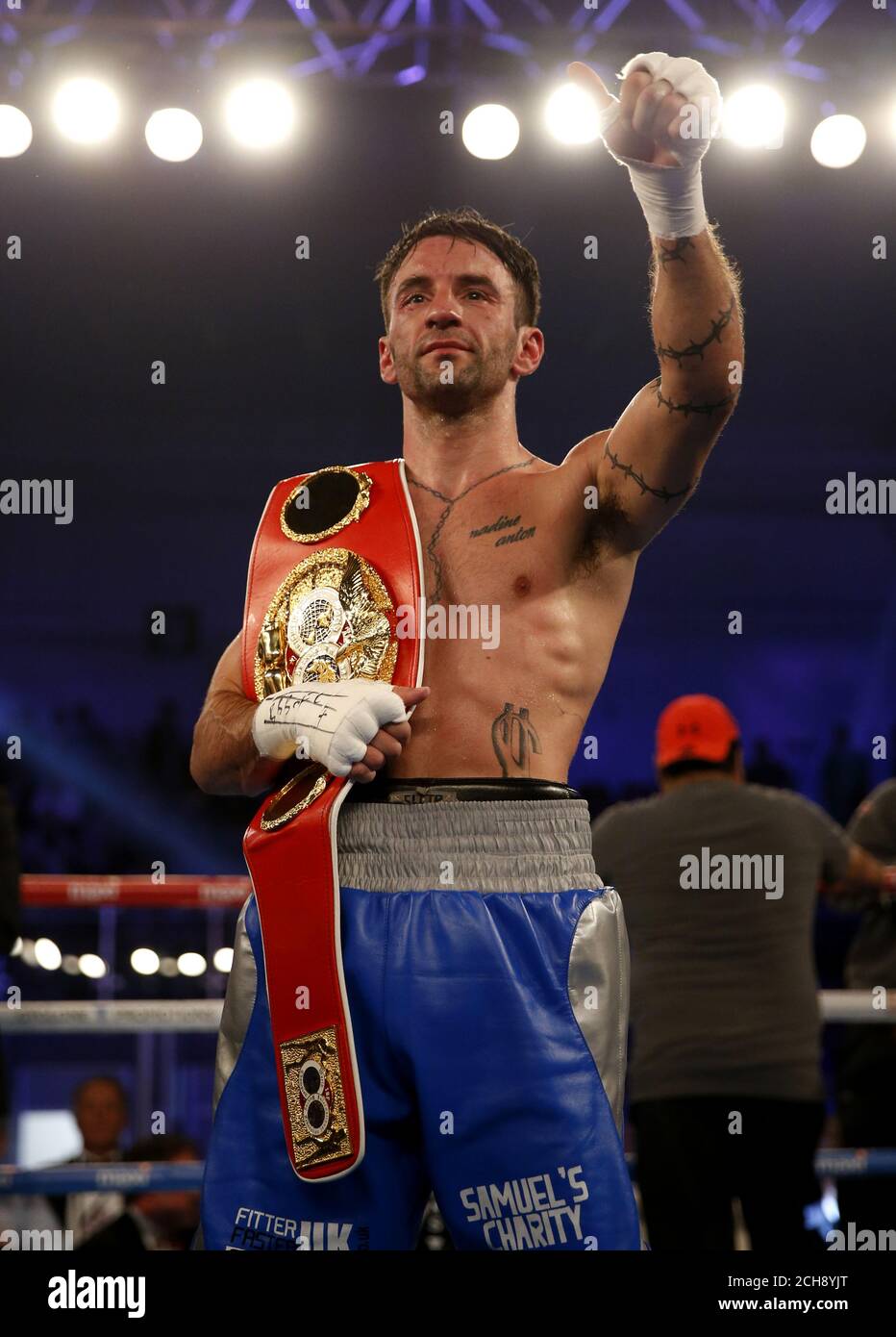 Lee Haskins Celebrates Beating Ivan Morales In Their Ibf Bantamweight Title Fight At The Ice Arena Wales Cardiff Stock Photo Alamy