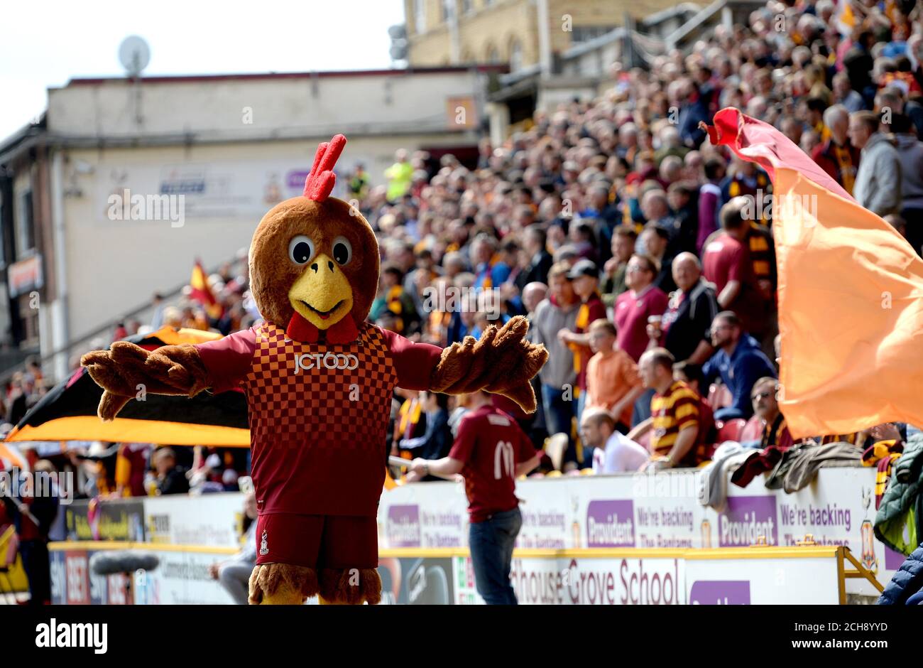 Bradford City mascot Billy Bantam revs up the crowd before the Sky Bet League One play off, first leg match at Valley Parade, Bradford. Stock Photo