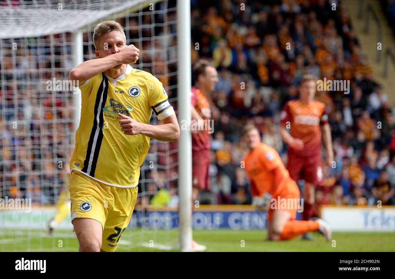 Millwall's Steve Morison celebrates scoring his side's second goal during the Sky Bet League One play off, first leg match at Valley Parade, Bradford. Stock Photo