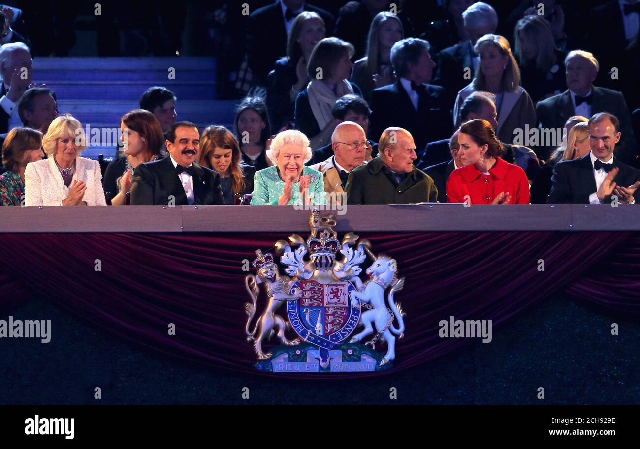 (Left to right) The Duchess of Cornwall, the King of Bahrain Hamad bin Isa Al Khalifa, Queen Elizabeth II, the Duke of Edinburgh and the Duchess of Cambridge look on during the televised celebration of the Queen's 90th birthday in the grounds of Windsor Castle in Berkshire. Stock Photo