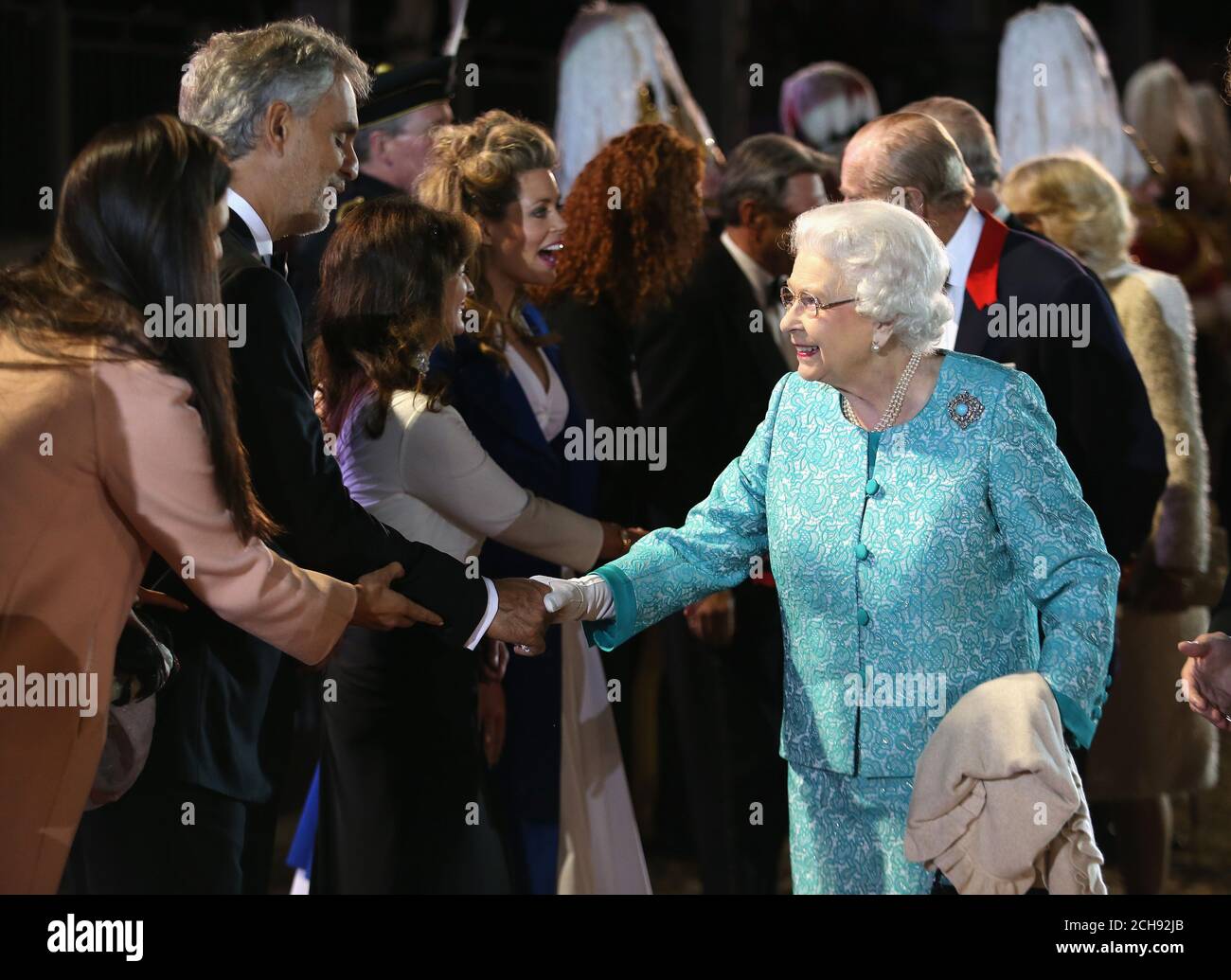 Queen Elizabeth II greets Andrea Bocelli during the televised celebration of her 90th birthday in the grounds of Windsor Castle in Berkshire. Stock Photo