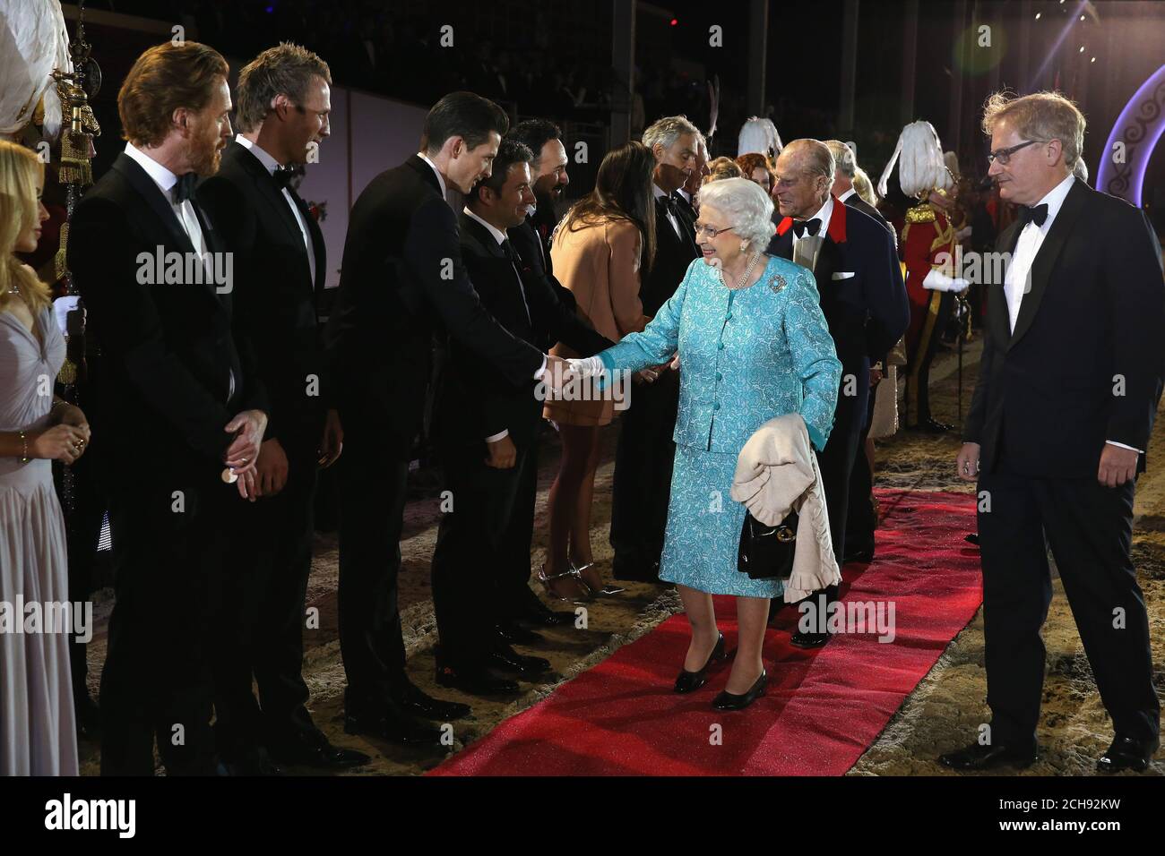 Queen Elizabeth II greets performers during the televised celebration of her 90th birthday in the grounds of Windsor Castle in Berkshire. Stock Photo