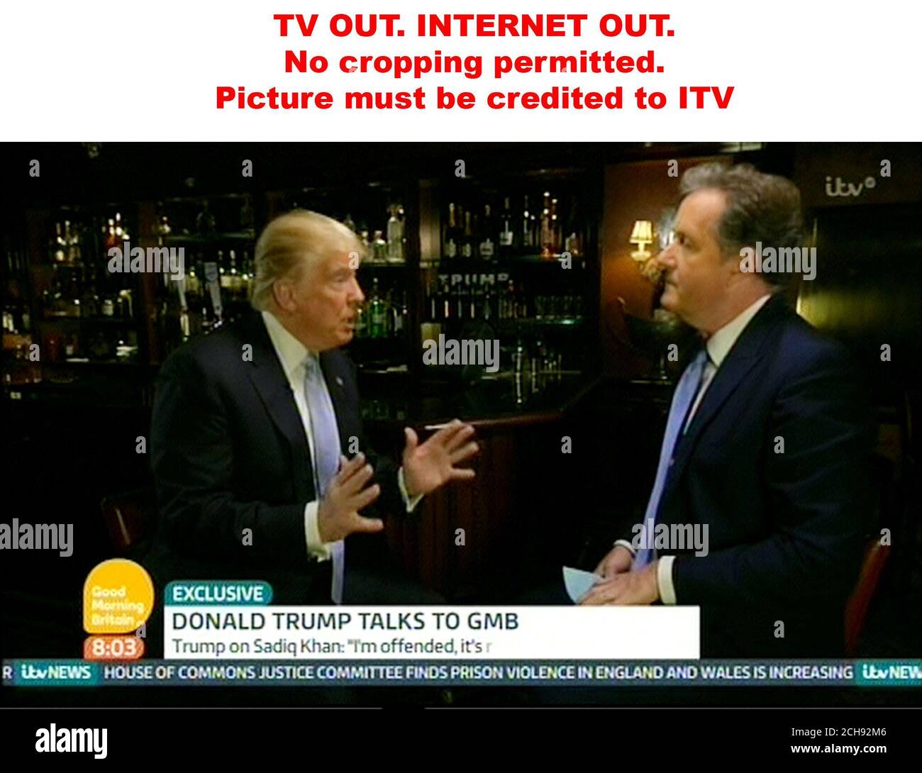 TV OUT. INTERNET OUT. No cropping permitted. Picture must be credited to ITV. We are advised that videograbs should not be used more than 48 hours after the time of original transmission, without the consent of the copyright holder. Video grab taken from ITV1 of Good Morning Britain host Piers Morgan (right) interviewing Republican presidential nominee Donald Trump. Stock Photo
