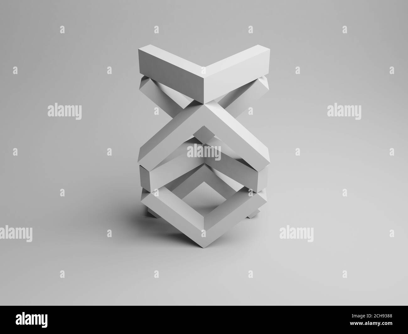 Abstract white equilibrium still life installation with tower of balancing corners standing on light gray background. 3d rendering illustration Stock Photo