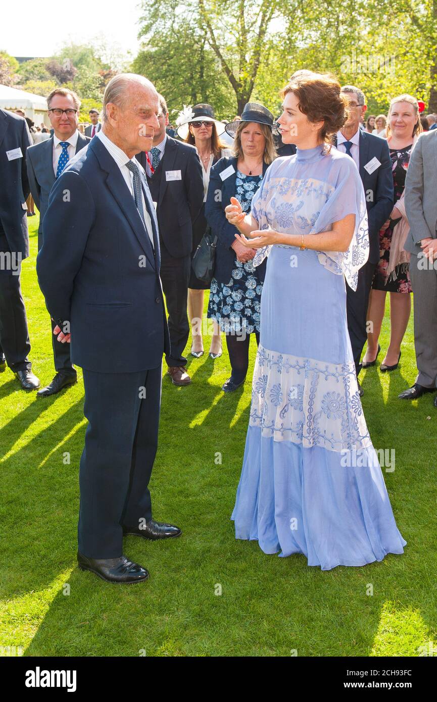 The Duke of Edinburgh meets Anna Friel at the Duke of Edinburgh Award garden party, at Buckingham Palace, London. RESS ASSOCIATION Photo. Picture date: Monday May 16, 2016. Photo credit should read: Dominic Lipinski/PA Wire Stock Photo