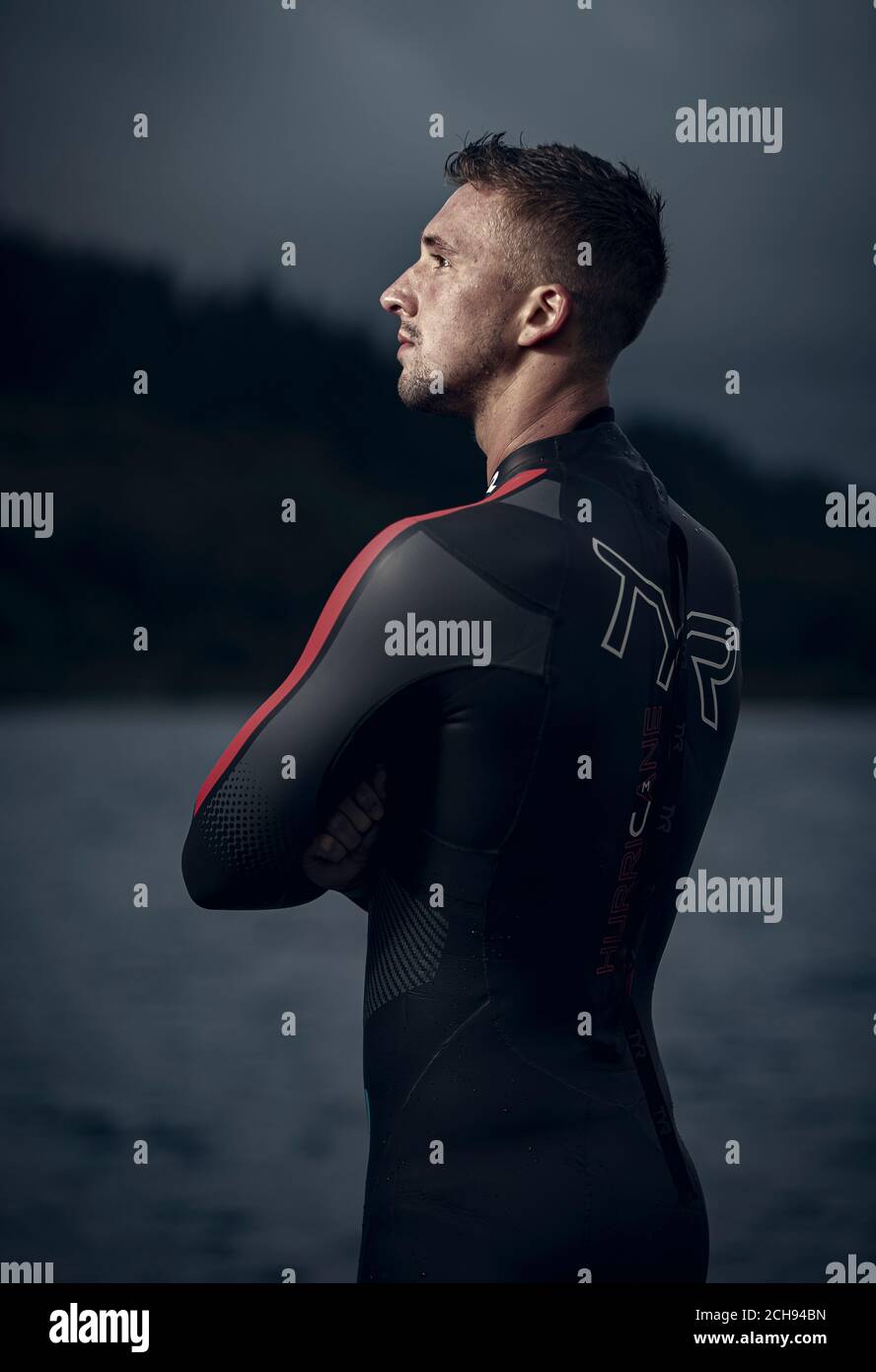 Portrait of British Swimmer Daniel Jervis, who has been open water training, because of closures to swimming pools due to Covid 19 lockdown measures. Stock Photo