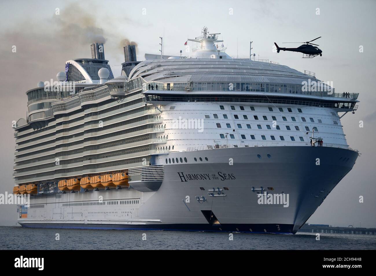The World S Largest Passenger Ship Ms Harmony Of The Seas Owned By Royal Caribbean Makes Her Way Up Southampton Water Into Southampton Ahead Of Her Maiden Cruise Stock Photo Alamy