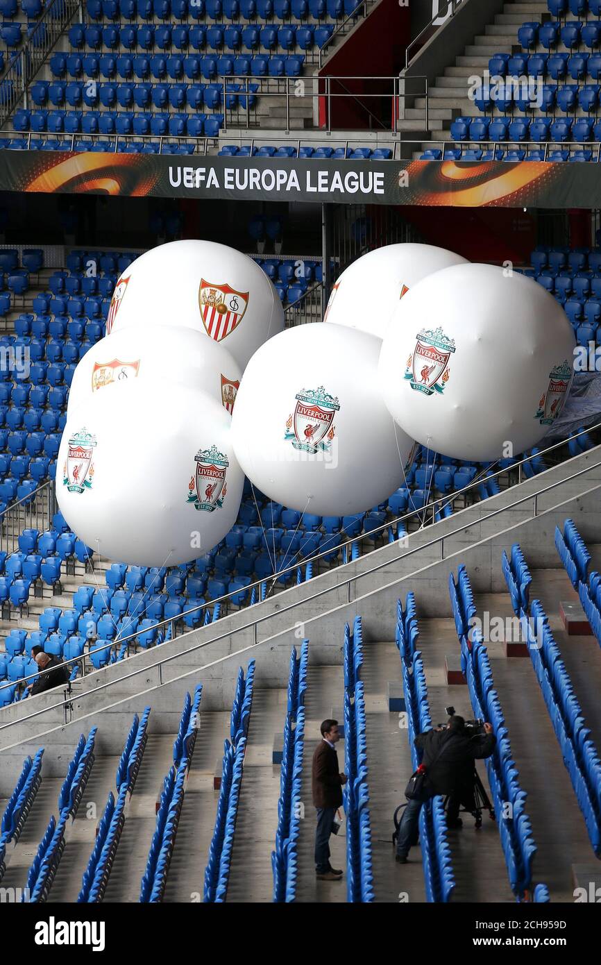 Giant Liverpool and Seville inflatable balls inside St. Jakob-Park the ...