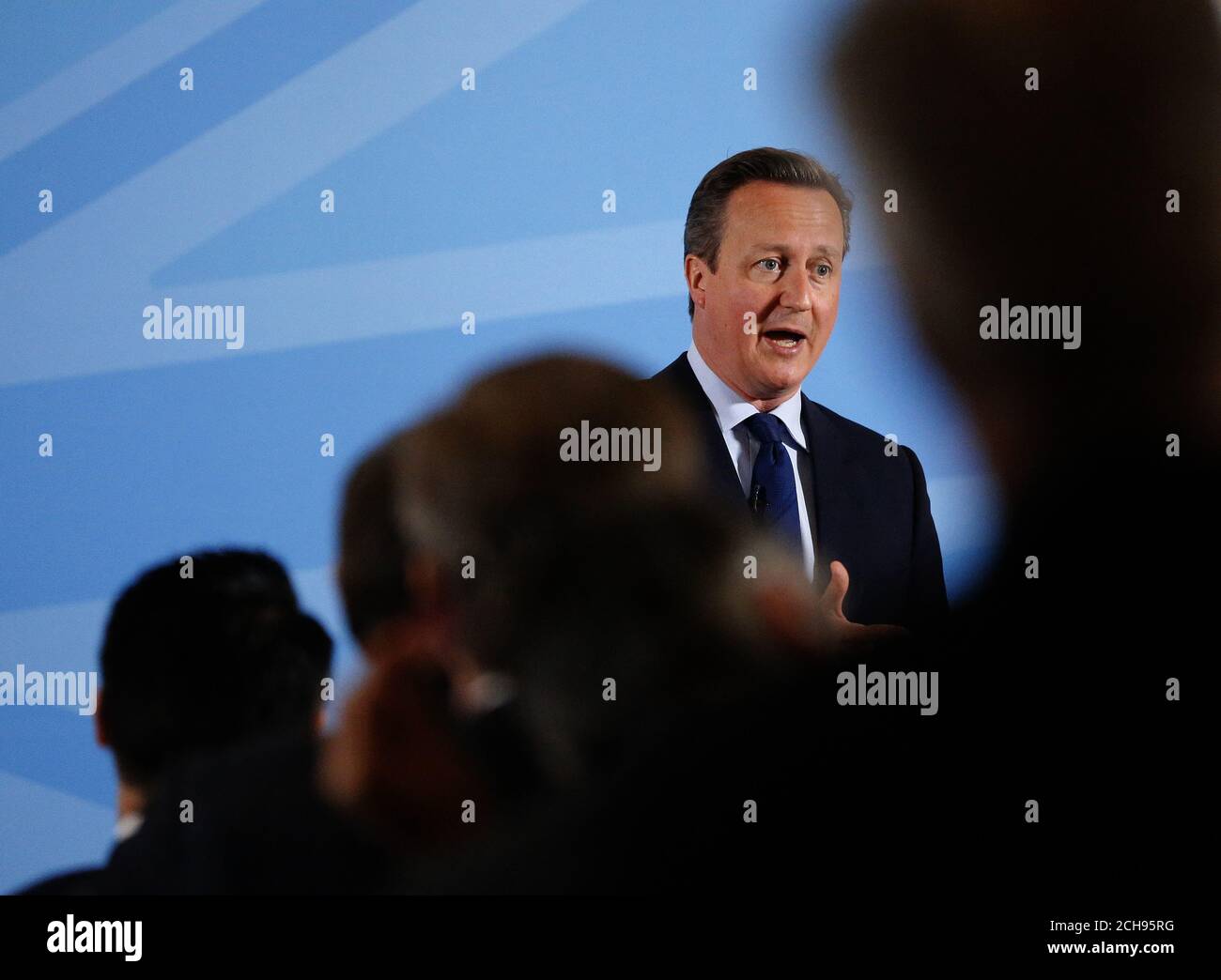 Prime Minister David Cameron addresses members of a World Economic Forum at the Mansion House in London, during which he dismissed claims by the Leave camp that quitting would lead to a bonfire of regulations as 'very, very weak' and insisted three million jobs were linked to membership. Stock Photo