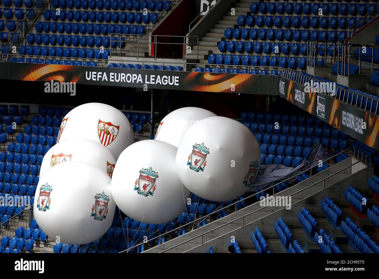 Giant Liverpool and Seville inflatable balls inside St. Jakob-Park the ...