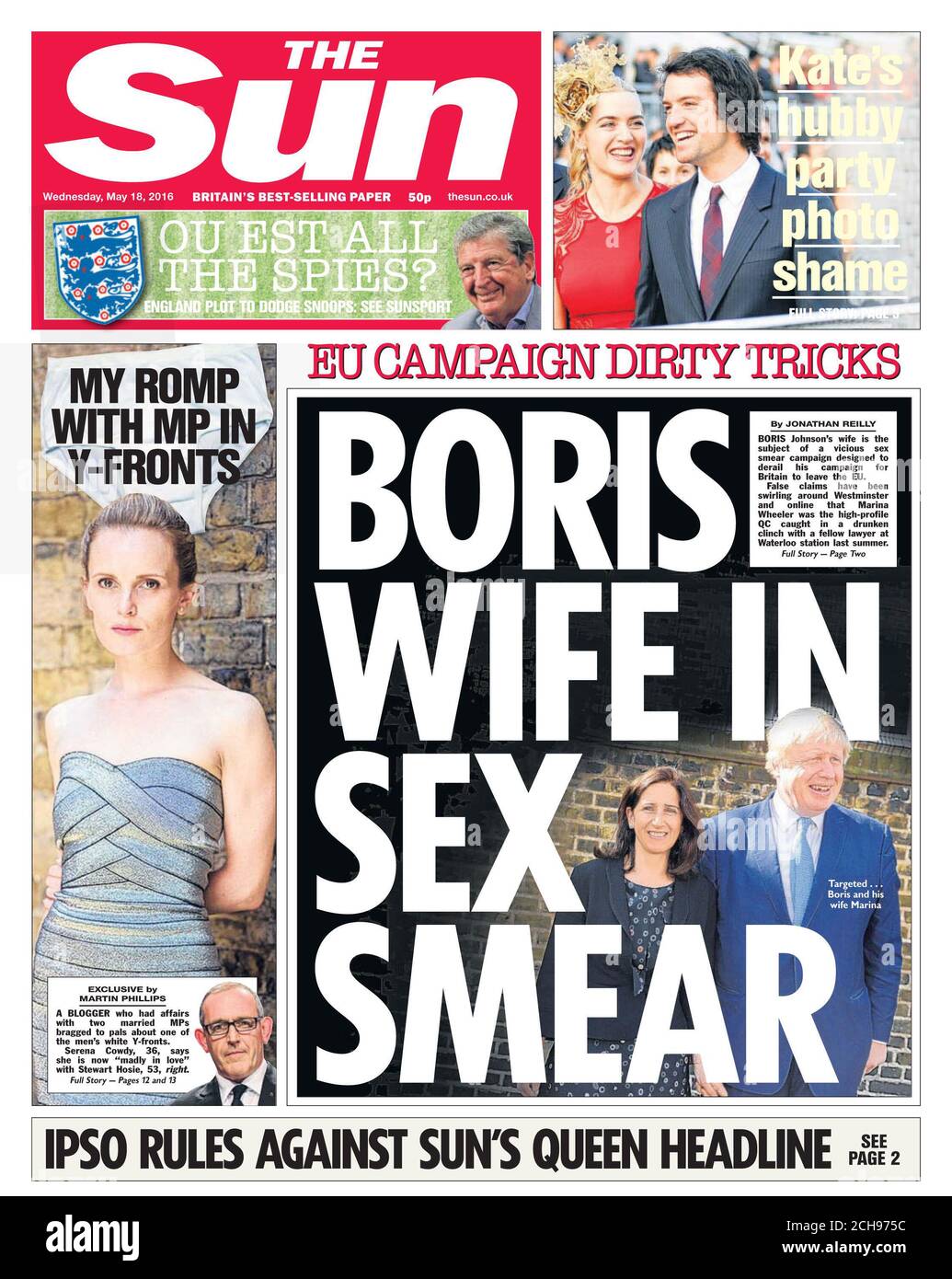The front page of The Sun newspaper dated Wednesday May 18, 2016, after the Independent Press Standards Organisation (IPSO) ruled that paper's front page headline 'Queen backs Brexit' earlier this year was inaccurate, Stock Photo
