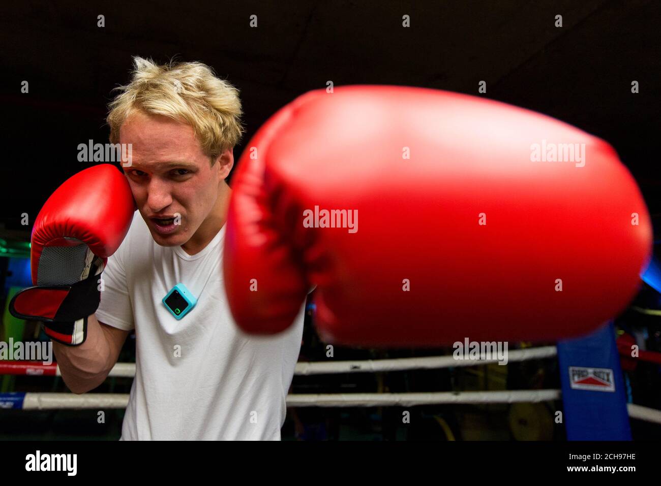 EDITORIAL USE ONLY  Jamie Laing, from Made in Chelsea, trains with a pro boxer as he takes part in a challenge to complete 10 extreme everyday experiences for the launch of the new Drift Compass wearable camera, at Gymbox in London. Stock Photo