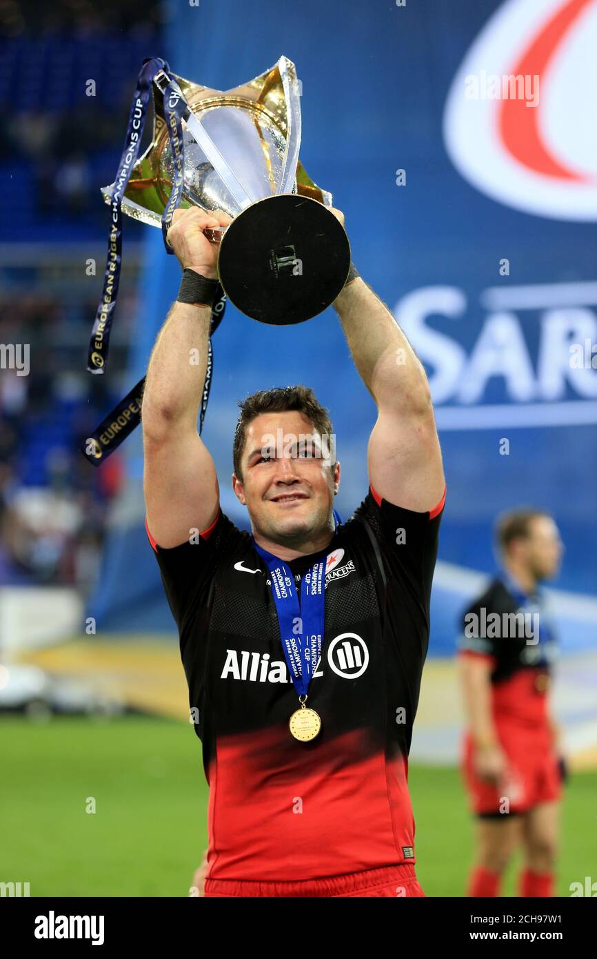 Saracens Brad Barritt Celebrates With The European Champions Cup Trophy During The European Rugby Champions Cup Final At The Parc Olympique Lyonnais Lyon Stock Photo Alamy