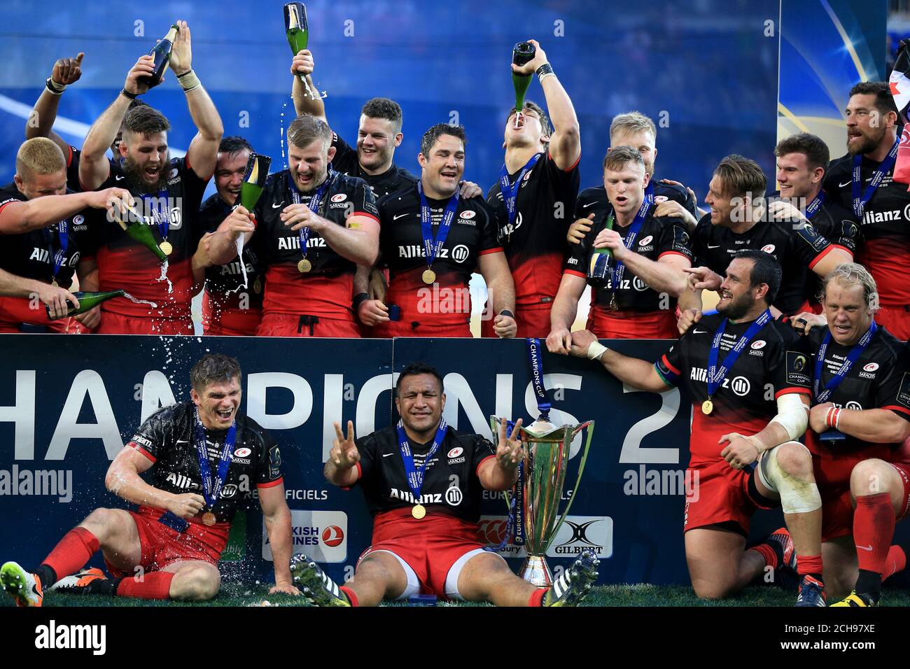 Saracens players celebrate winning the European Champions Cup trophy during the European Rugby Champions Cup Final at the Parc Olympique Lyonnais, Lyon. Stock Photo