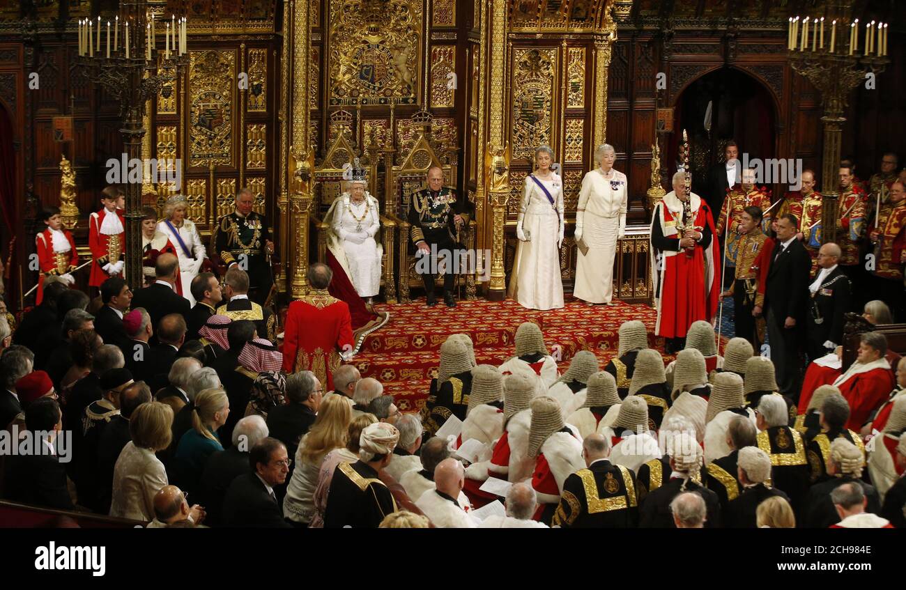 Queen Elizabeth II and the Duke of Edinburgh, sit during the State Opening of Parliament, in the House of Lords at the Palace of Westminster in London. Stock Photo
