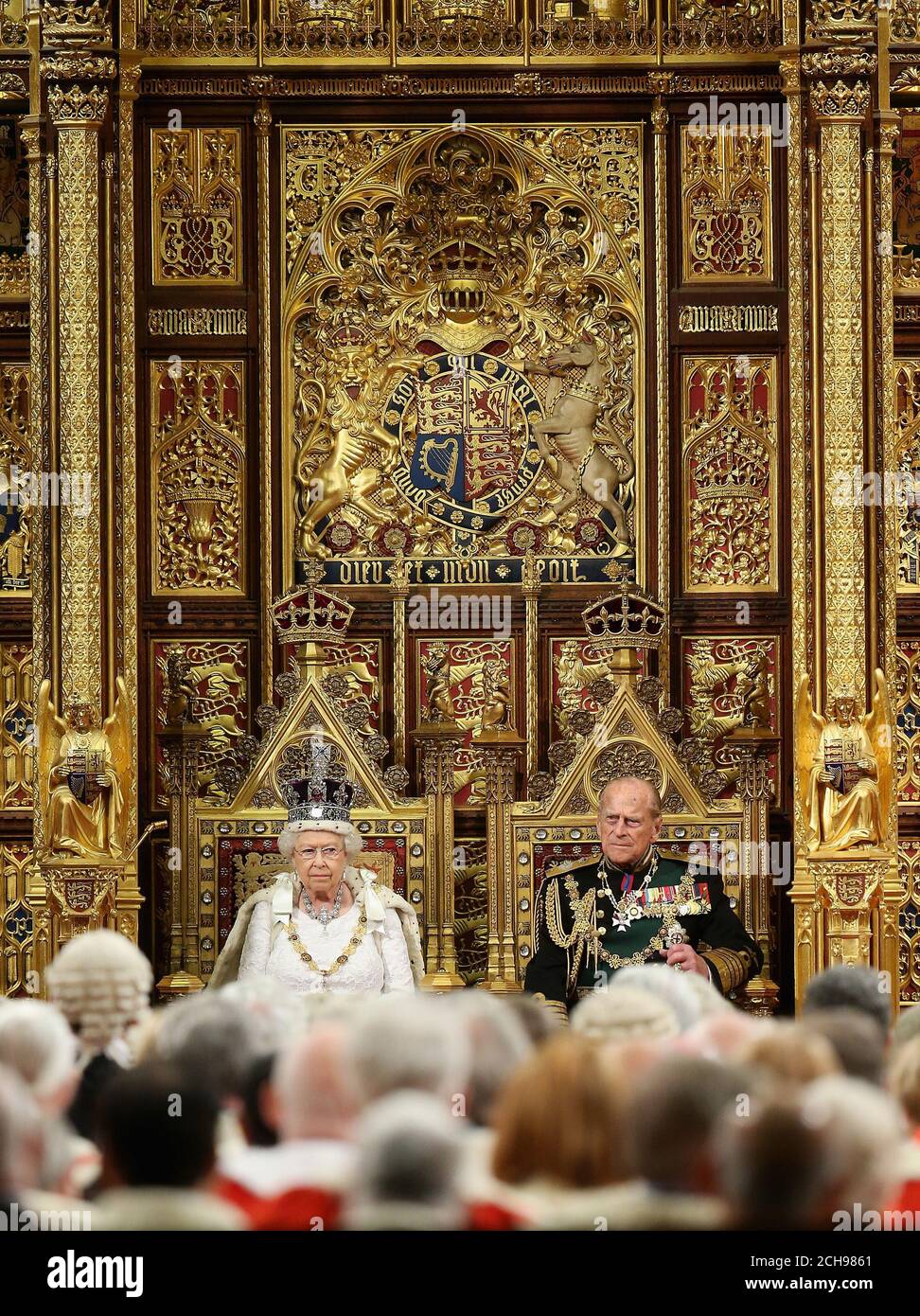 Queen Elizabeth II during the State Opening of Parliament, in the House of Lords at the Palace of Westminster in London. Stock Photo