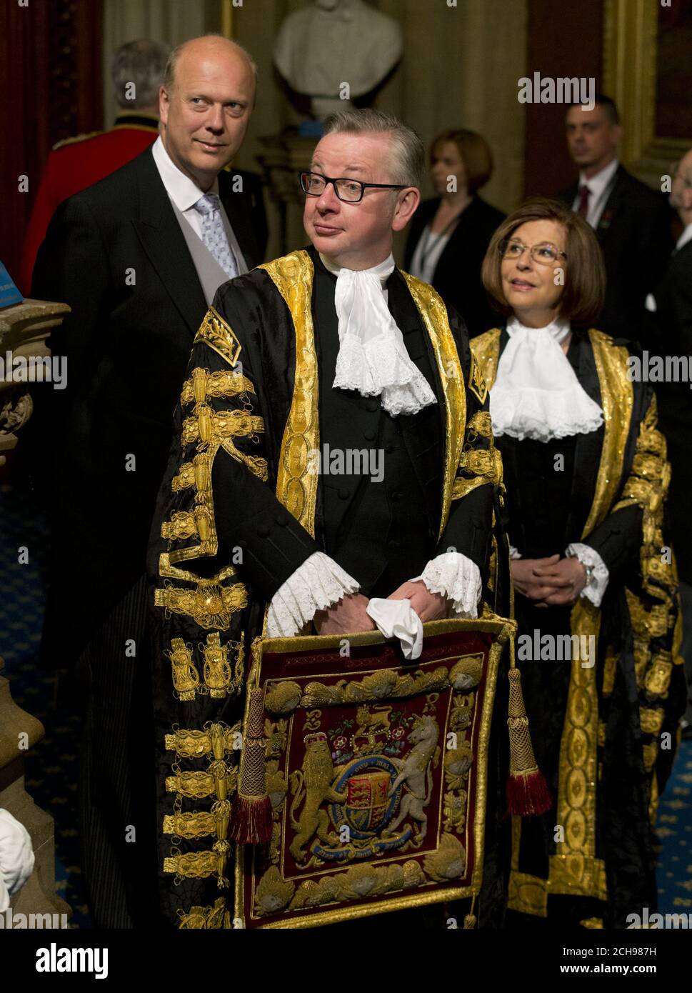 left to right) Leader of the House of Commons Chris Grayling, Justice  Secretary Michael Gove and Lord Speaker Baroness D'Souza in Norman Porch  ahead of the State Opening of Parliament, in the