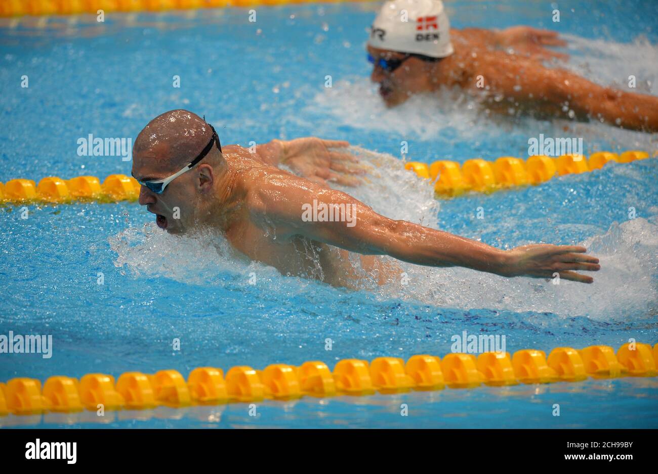 Hungary's Laszlo Cseh competes in the Men's 200m Butterfly Semi Final during day ten of the European Aquatics Championships at the London Aquatics Centre, Stratford. Stock Photo