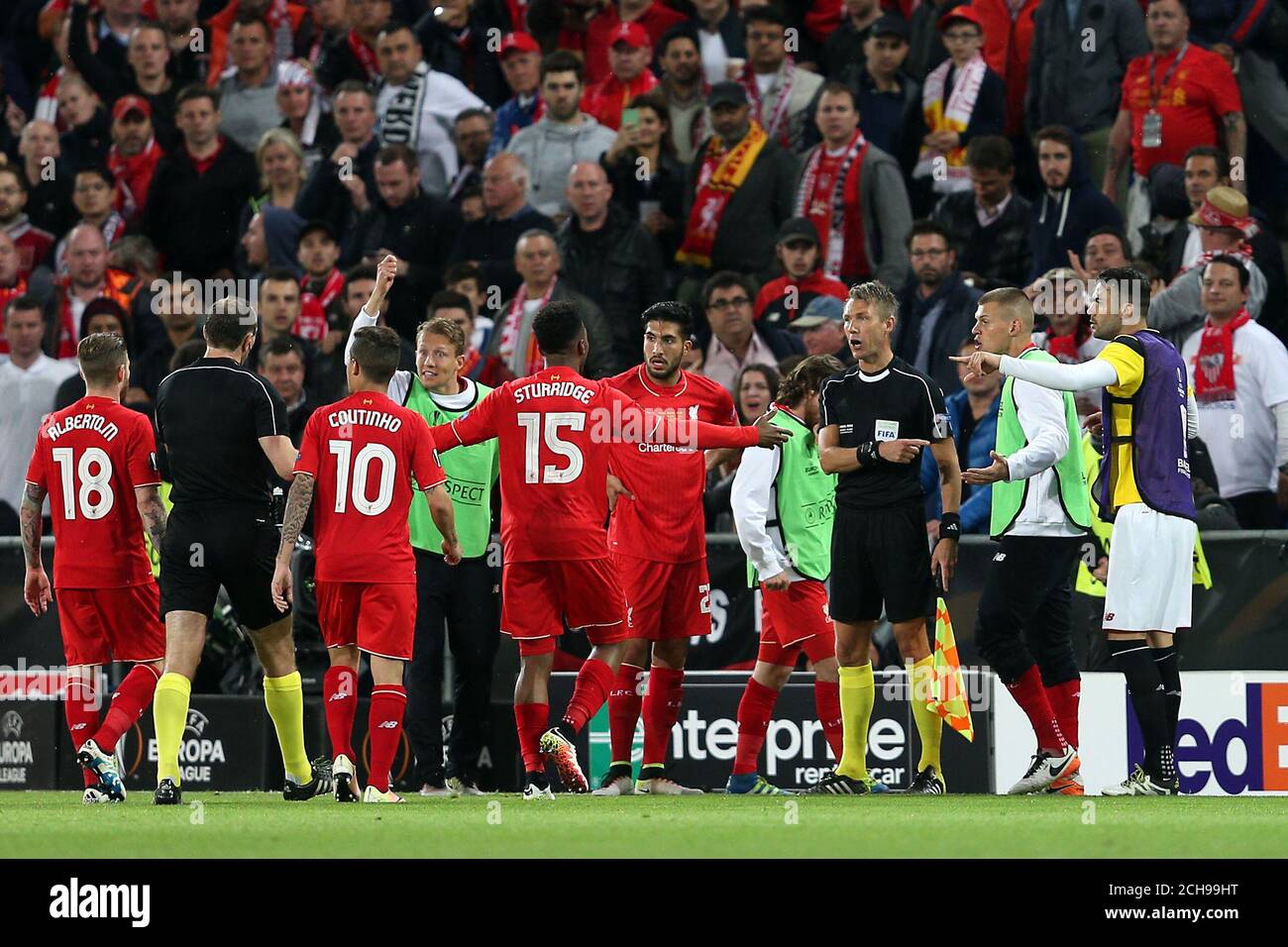 Liverpool supporters appeal to the match officials after Sevilla's Andujar Coke (not pictured) scores his sides thrid goal of the game during the UEFA Europa League Final at St. Jakob-Park, Basel, Switzerland. Stock Photo