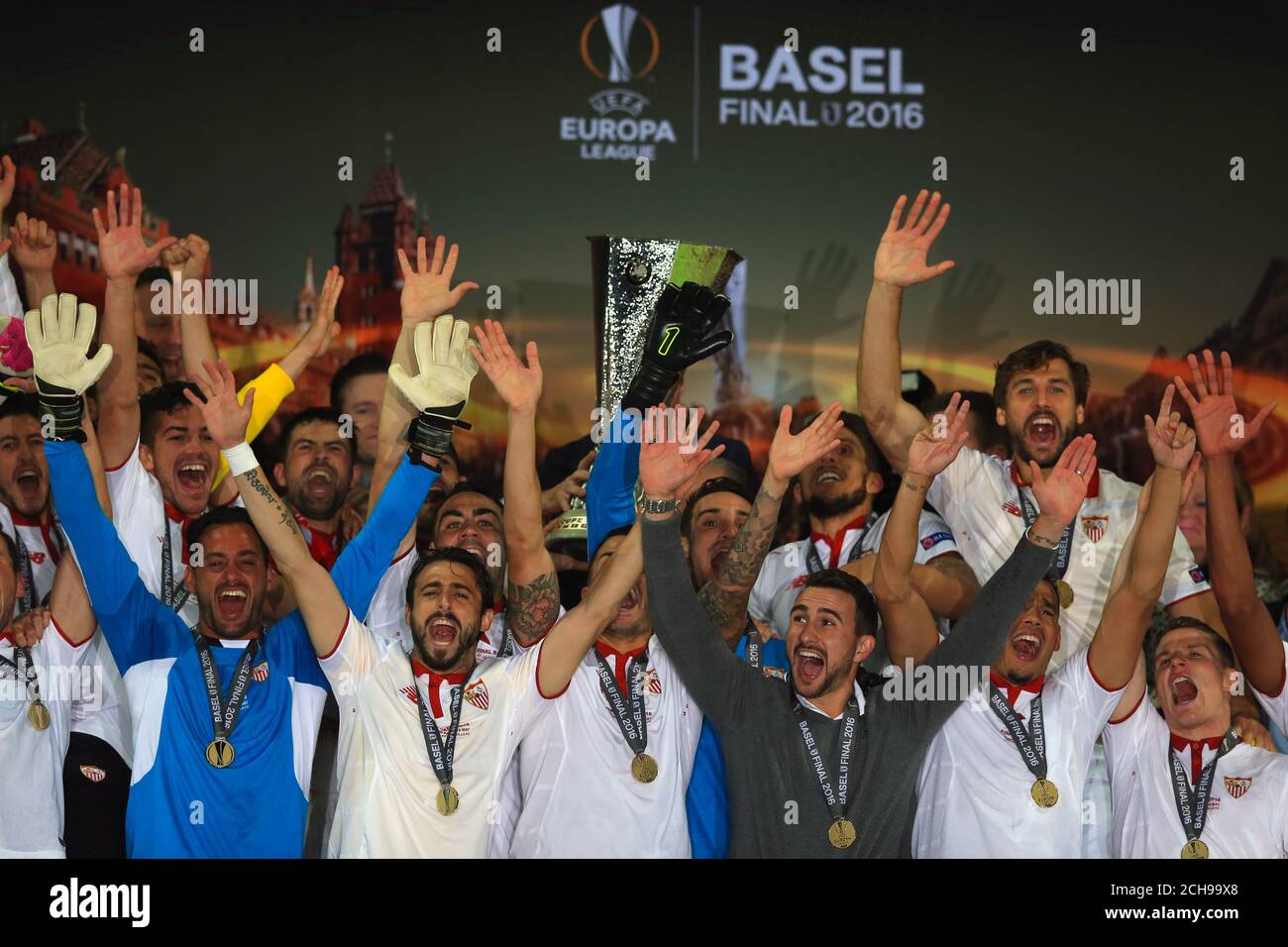 Sevilla lift the Europa League Trophy after the UEFA Europa League Final at  St. Jakob-Park, Basel, Switzerland Stock Photo - Alamy