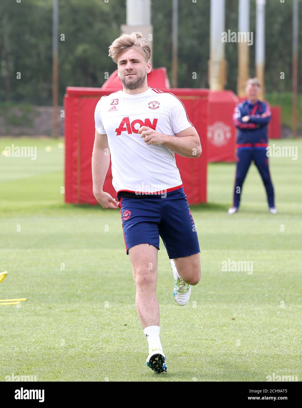 Manchester United's Luke Shaw, during the training session at the Aon Training Complex in Carrington, ahead of their FA Cup Final match with Crystal Palace on Saturday. PRESS ASSOCIATION Photo. Picture date: Thursday May 19, 2016. See PA story SOCCER Man Utd. Photo credit should read: Martin Rickett/PA Wire. RESTRICTIONS: EDITORIAL USE ONLY No use with unauthorised audio, video, data, fixture lists, club/league logos or 'live' services. Online in-match use limited to 75 images, no video emulation. No use in betting, games or single club/league/player publications. Stock Photo