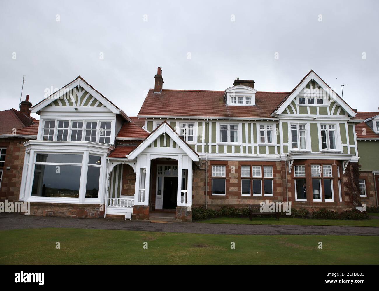 A general view of Muirfield golf club clubhouse as the Captain of Muirfield Golf Club, Henry Fairweather makes an announcement on behalf of The Honourable Company of Edinburgh Golfers the outcome of a membership ballot on the admission of women as members. Stock Photo