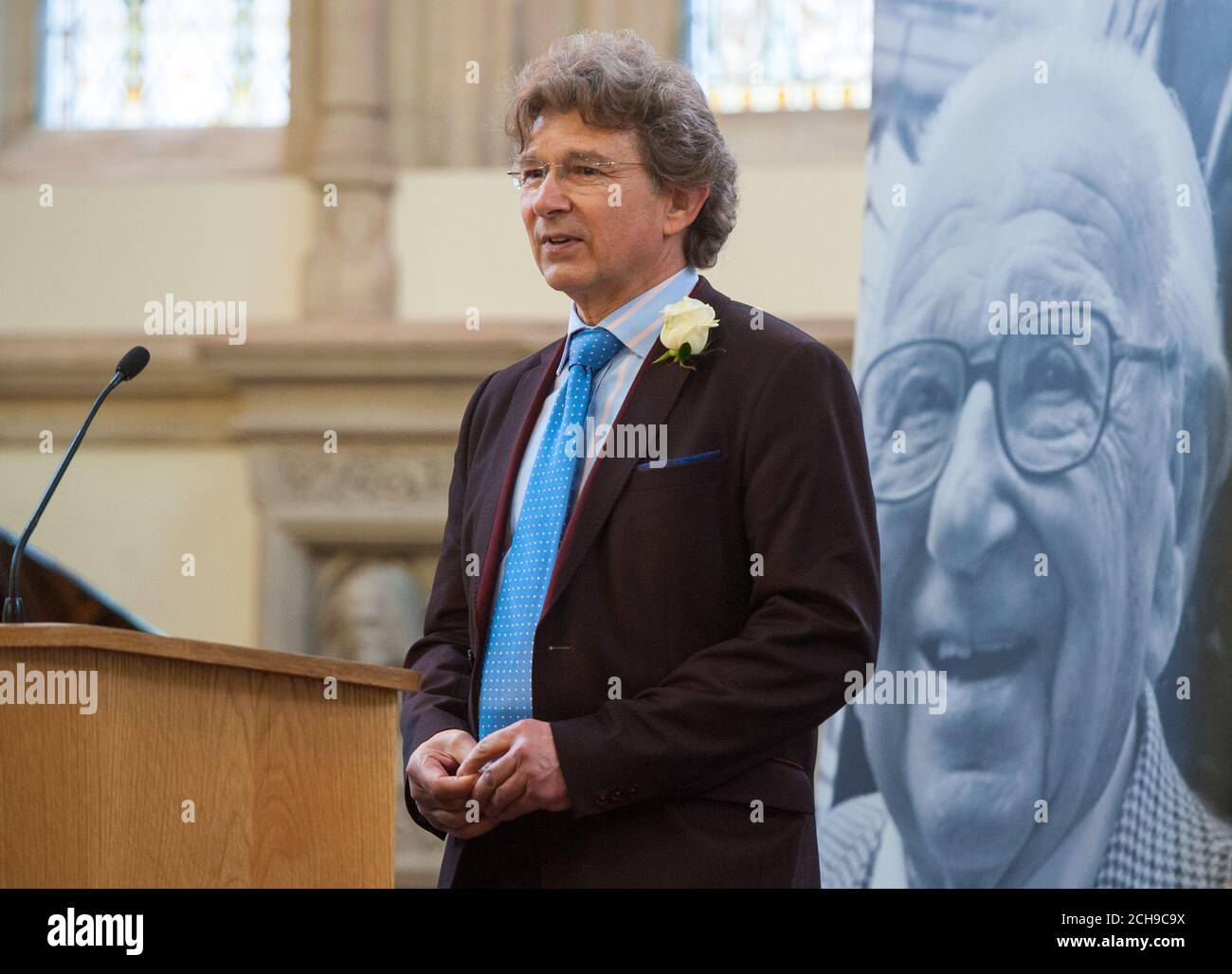 Nick Winton, the son of Sir Nicholas Winton, speaks at a memorial service for his father at the Old Library at the Guildhall, in central London. Stock Photo