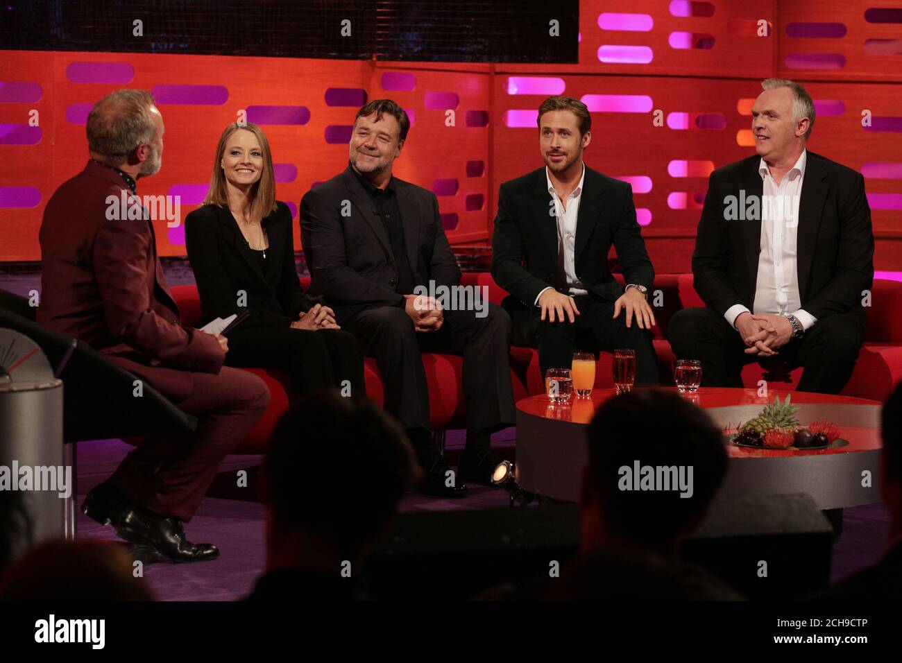 (Left to right) Graham Norton, Jodie Foster, Russell Crowe, Ryan Gosling and Greg Davies during