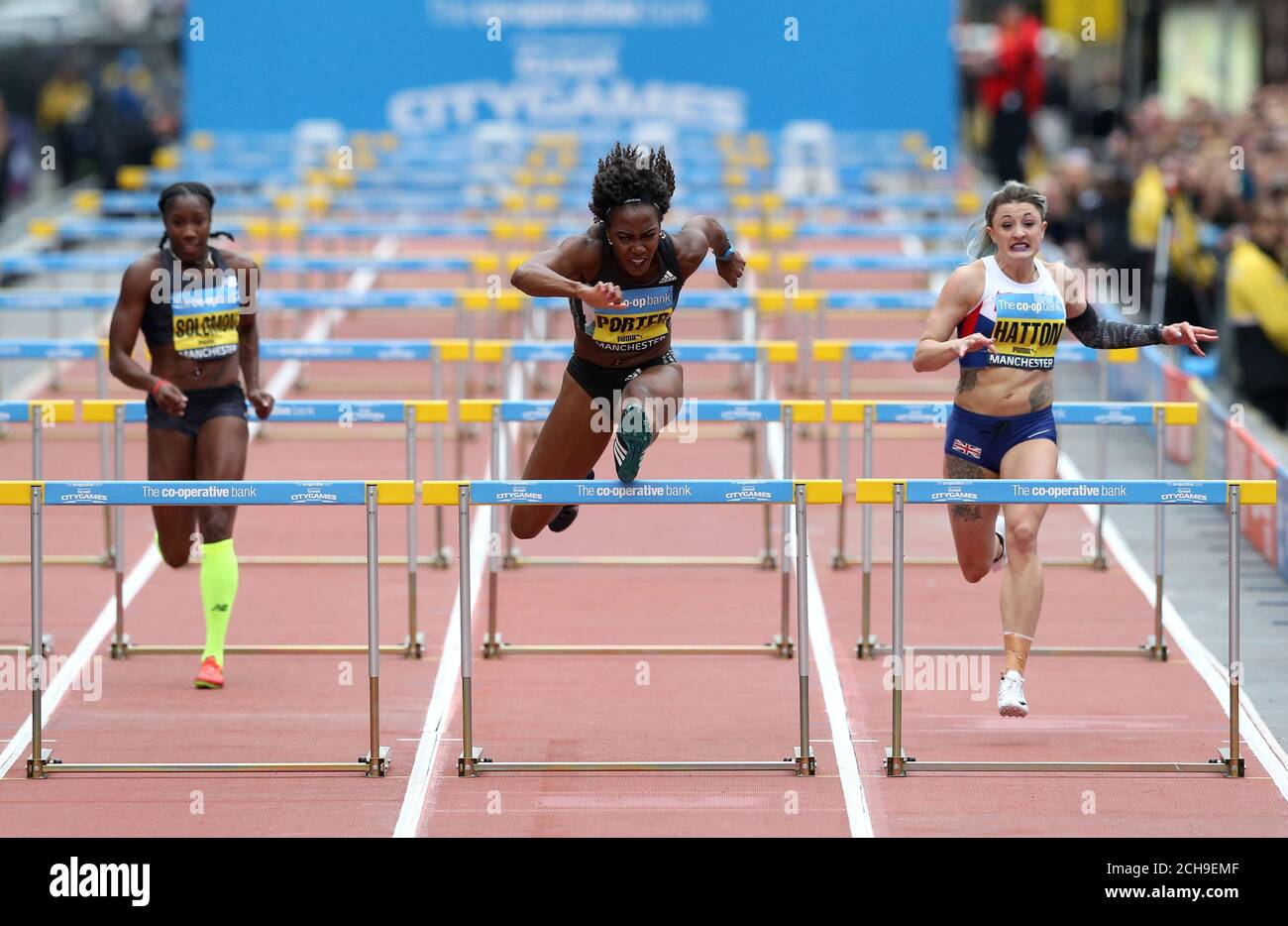 Tiffany Porter before winning the Women's 100m Hurdles during the Co-op Bank Great City Games in Manchester. Stock Photo